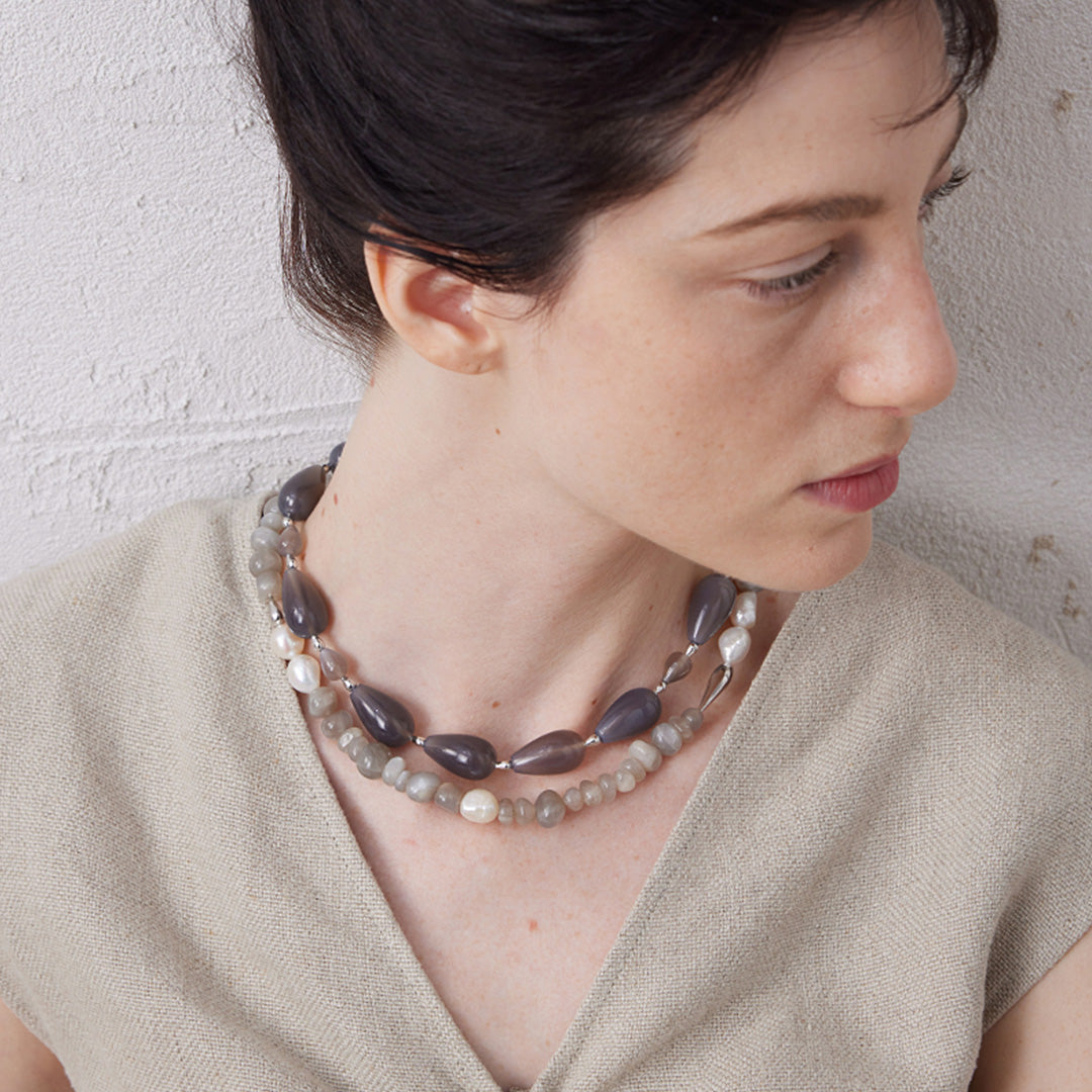 Moonlit Jade & Moonstone Beaded Pearl Necklace