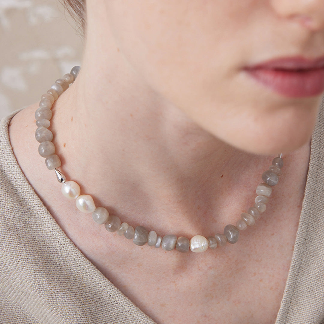 Moonlit Jade & Moonstone Beaded Pearl Necklace