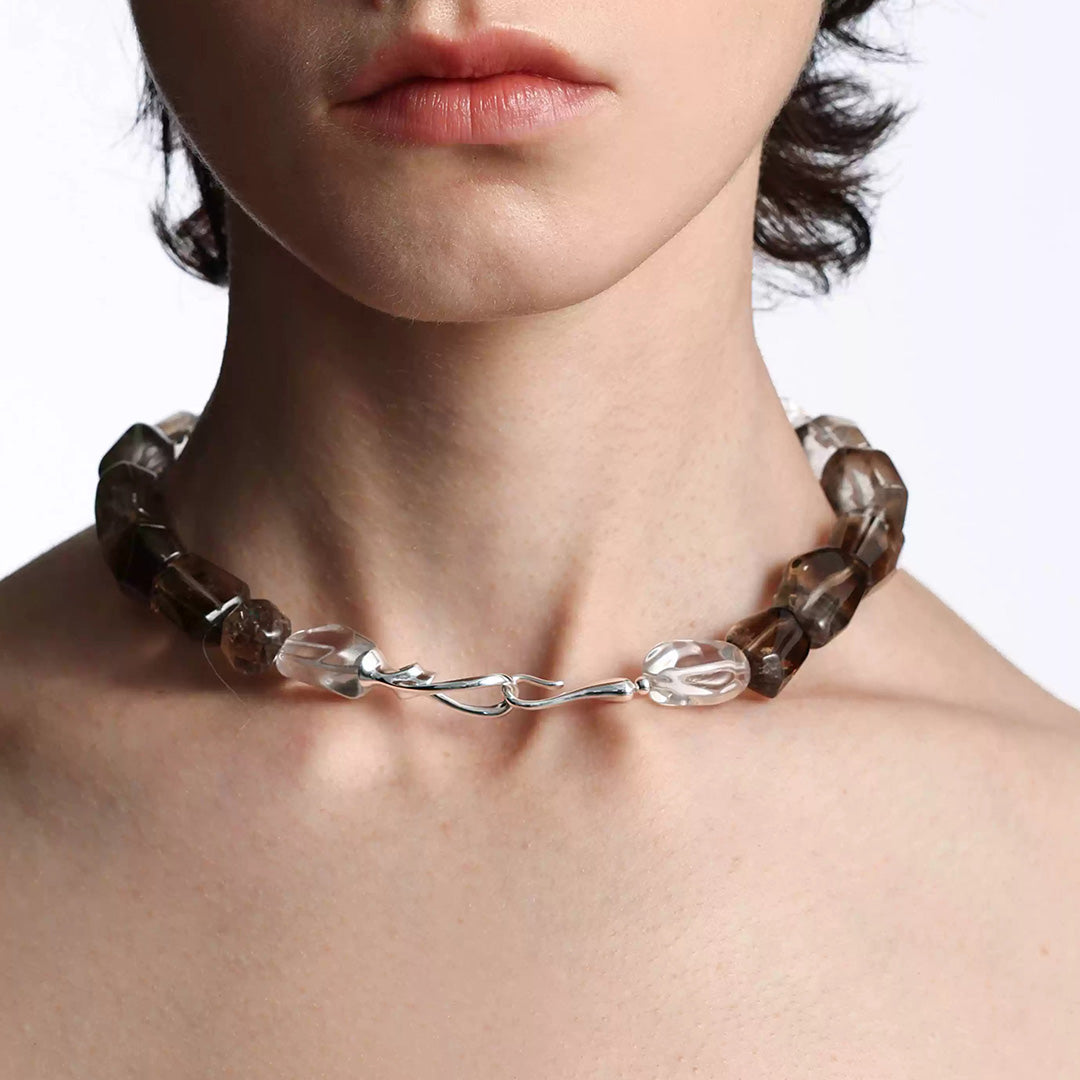 Smoky Quartz and Clear Quartz 925 Silver Beaded Necklace