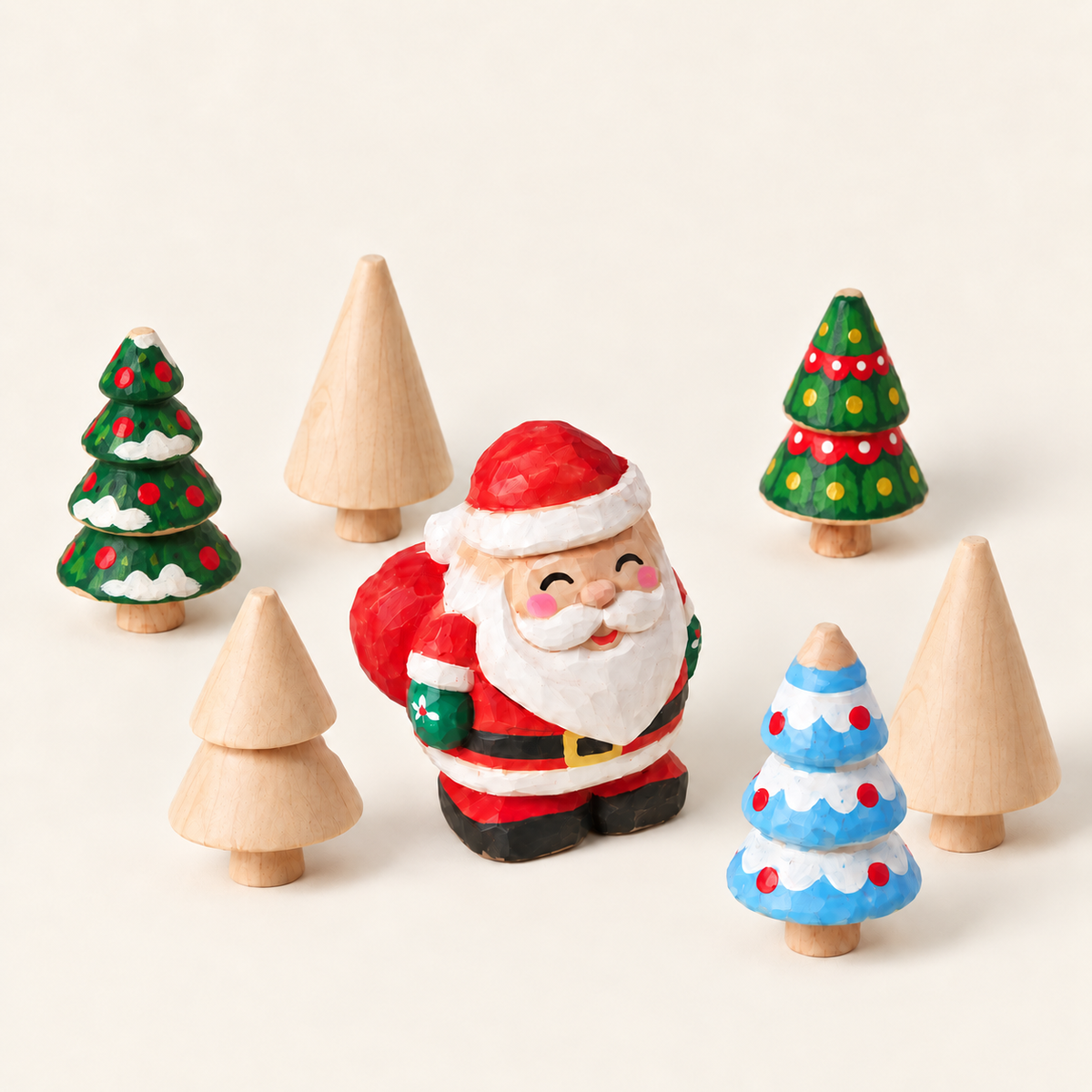 Painted wooden Santa and decorated Christmas trees, unpainted wood pieces around