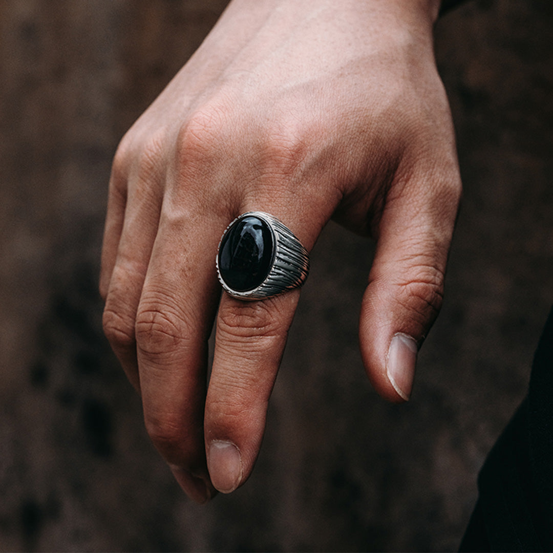 Handcrafted Silver Black Agate Wood Grain Ring