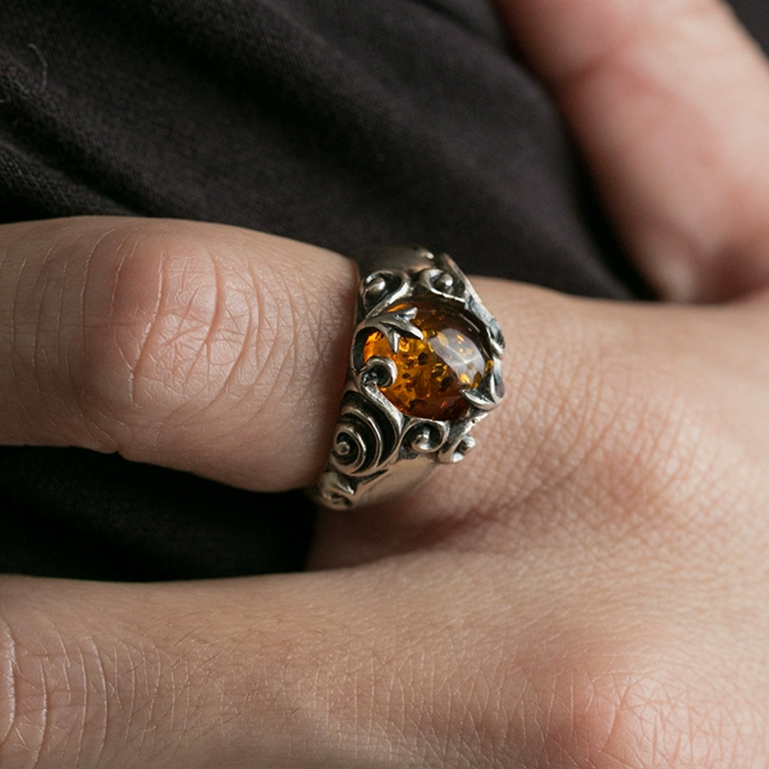Floral Carved Amber  925 Sterling Silver Ring
