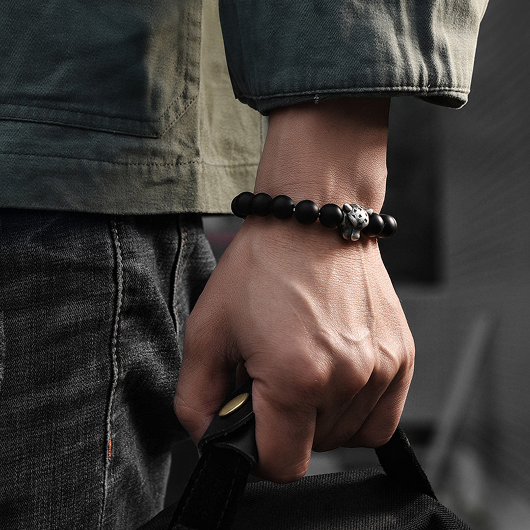 Tibetan Leopard Panther Obsidian Silver Men's Bracelet