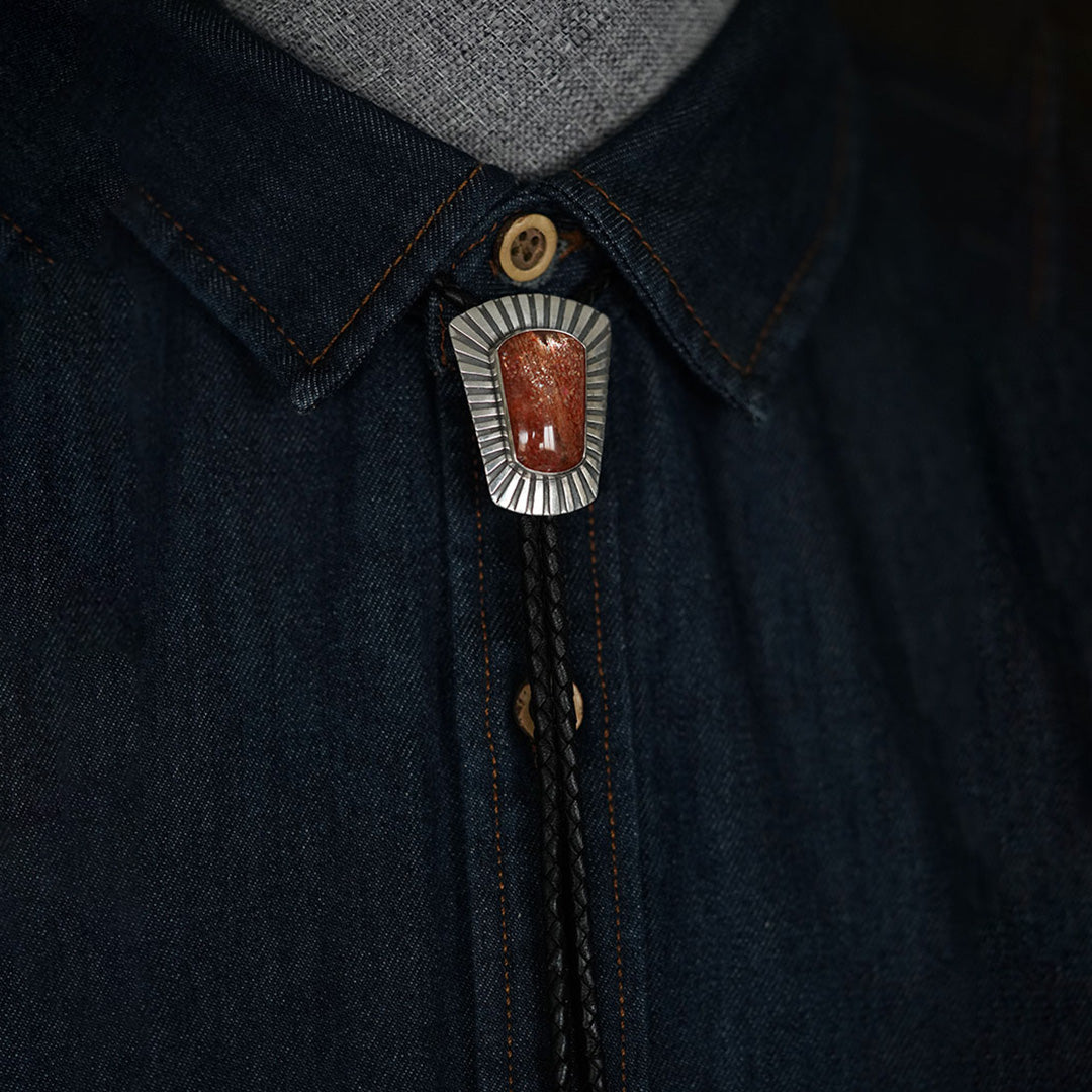 Square Sunstone Silver Bolo Tie For Men