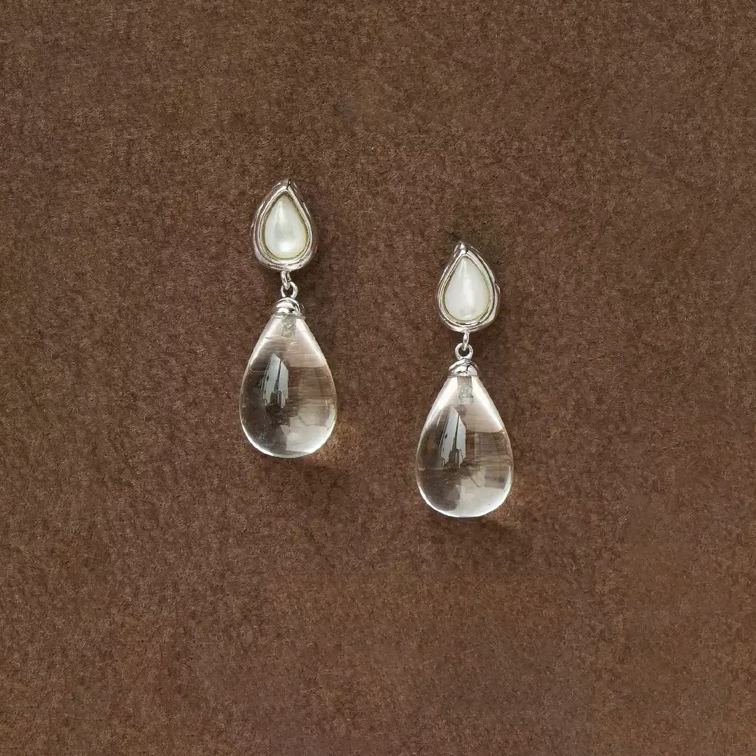18K White Plated Sterling Silver Clear Quartz Drop Earrings