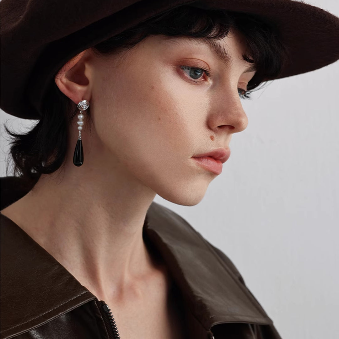 Black Onyx Teardrop Pearl 925 Silver Earrings