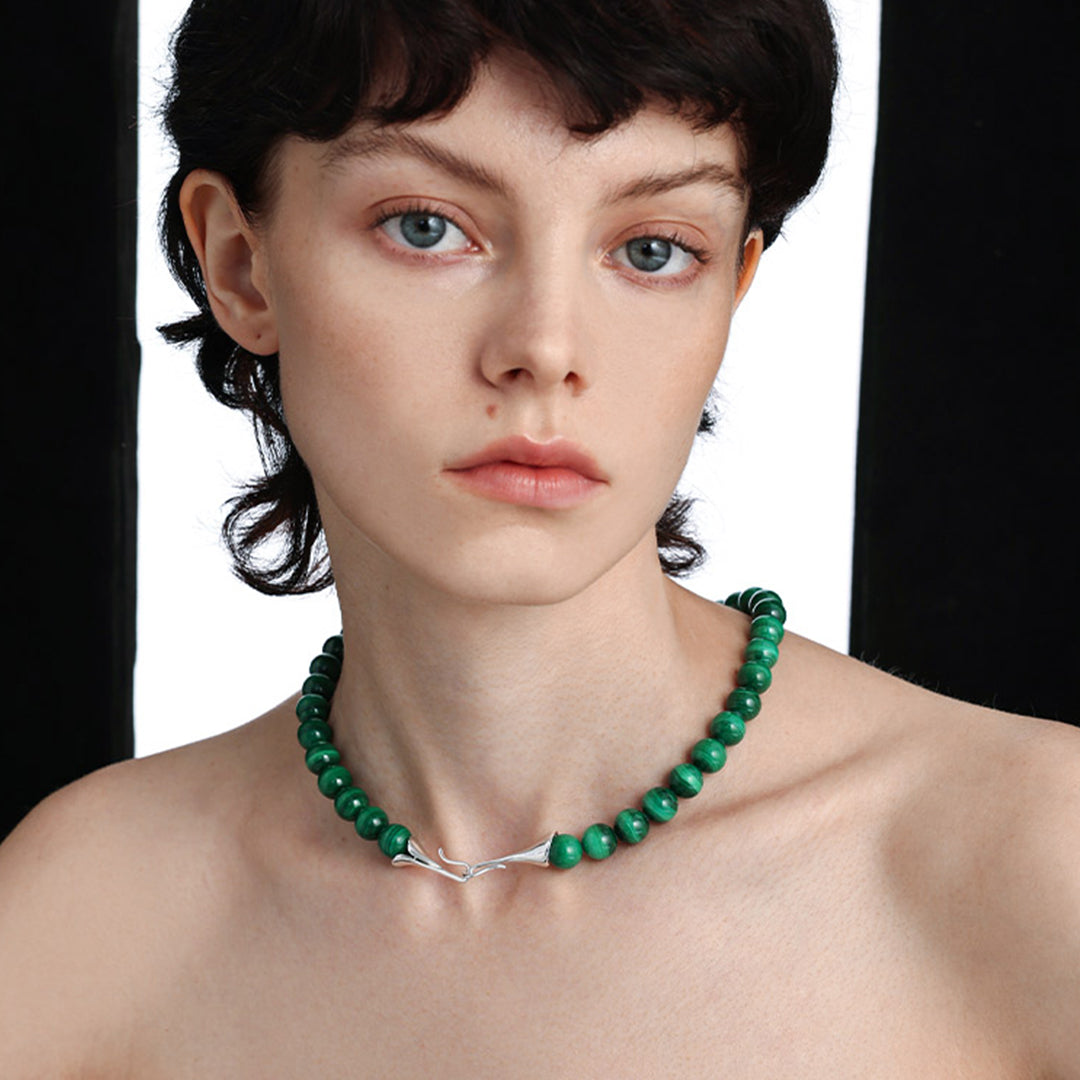Raw Malachite Necklace 925 Silver Beaded Chain