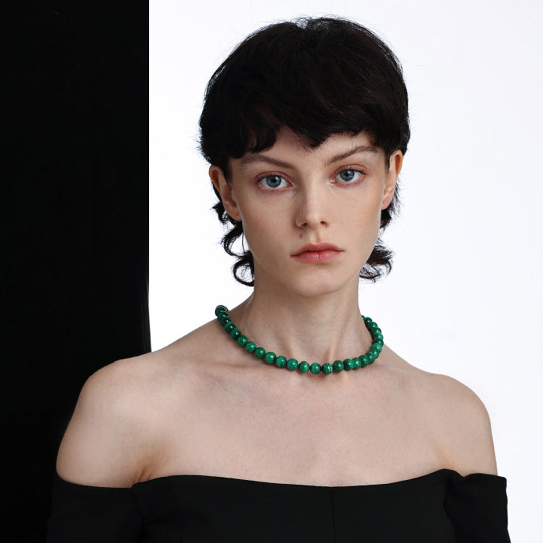 Raw Malachite Necklace 925 Silver Beaded Chain