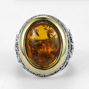 Scorpion Carved Amber Silver Men's Statement Ring