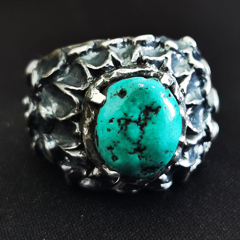 Sacred Guardian - Raw Turquoise Silver Dragon Scale Ring