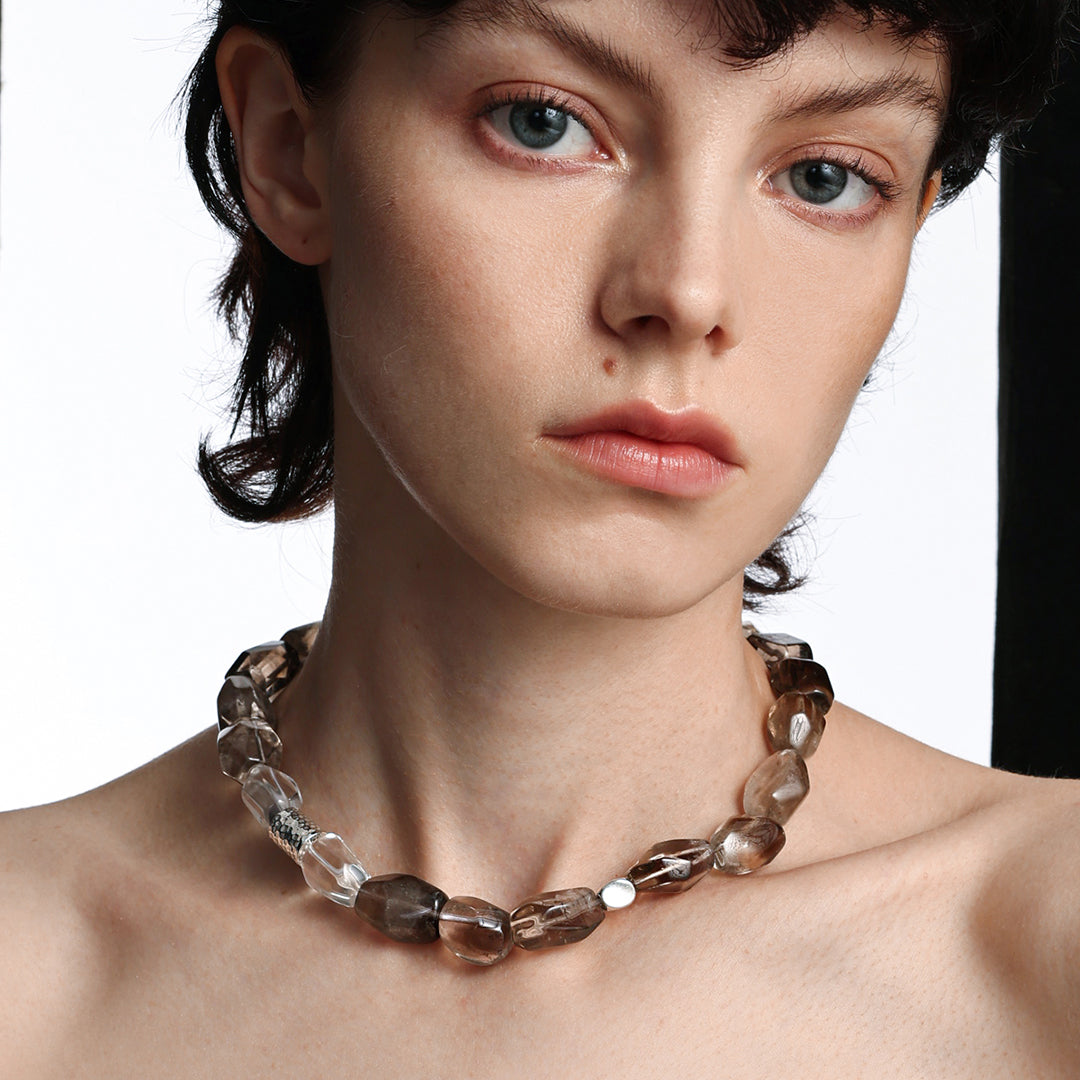 Smoky Quartz and Clear Quartz 925 Silver Beaded Necklace