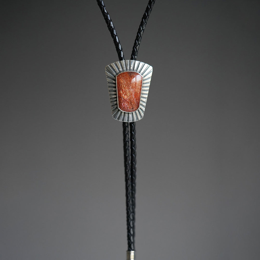 Square Sunstone Silver Bolo Tie For Men