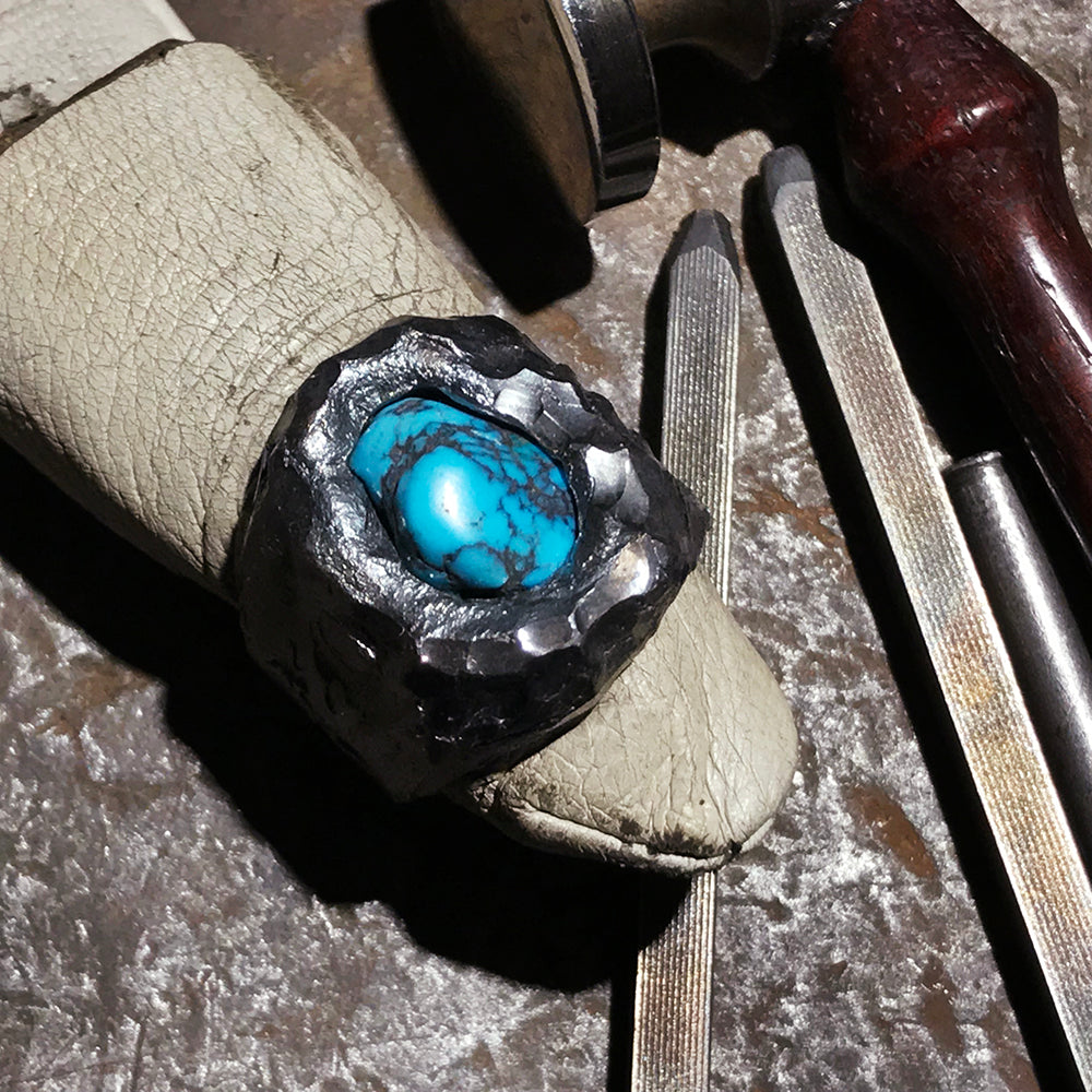 Savage Heart Raw Turquoise Sterling Hand-Engraved Name Silver Ring