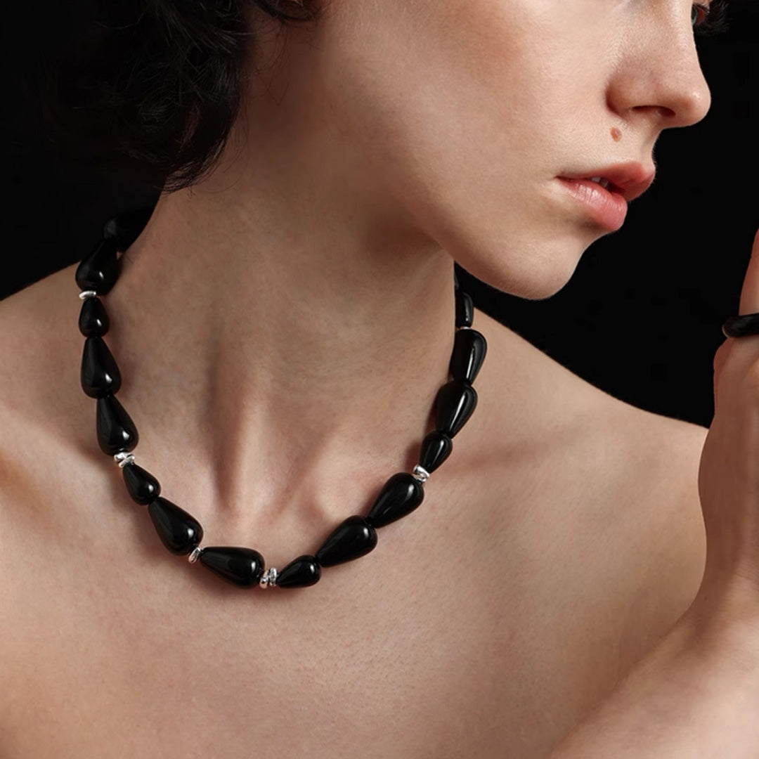Minimalist Gradient Black Onyx  Bead Choker Jewelry Set