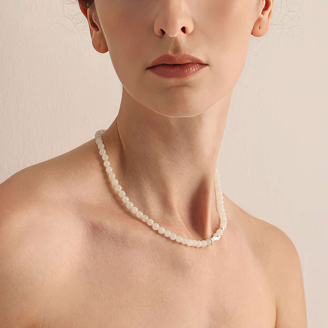 Lustrous Round White Jade 925 Silver Delicate Chain