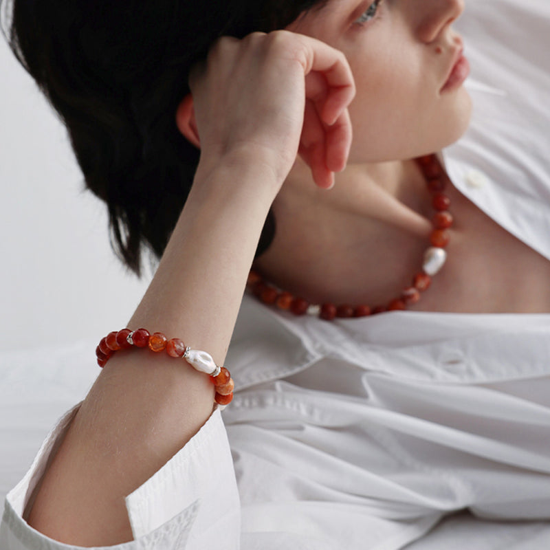 Nature Agate Baroque Freshwater Pearl Bead Necklace Jewelry Set