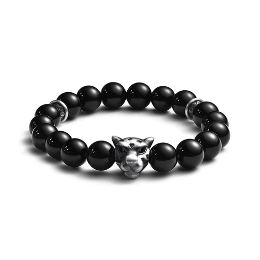 Tibetan Leopard Panther Obsidian Silver Men's Bracelet
