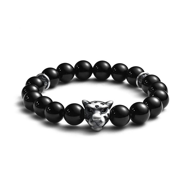 Tibetan Leopard Panther Obsidian Silver Men's Bracelet