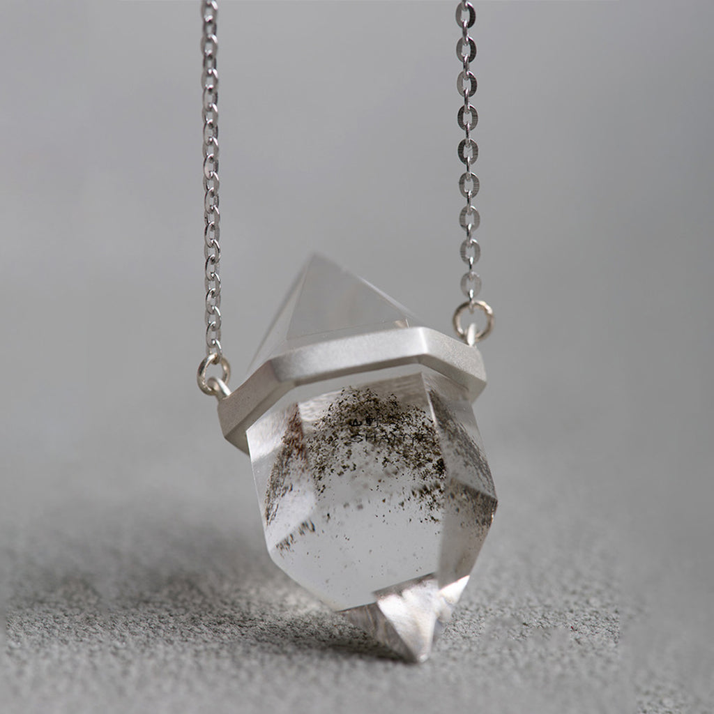 Ethereal Veil Twin Pillar Clear Phantom Quartz Pendant