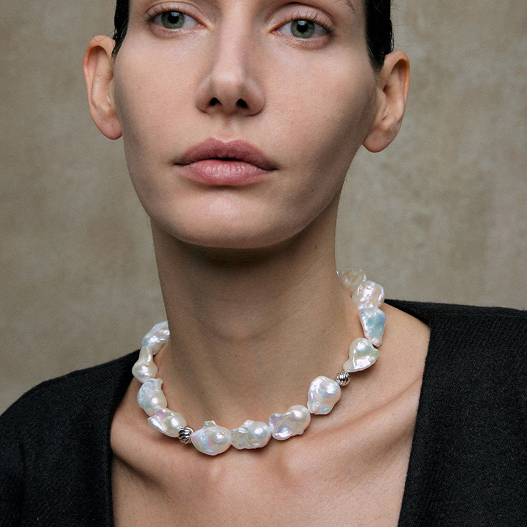 Baroque Pearl Chunky Statement Beaded18K White Gold Plated Silver Choker