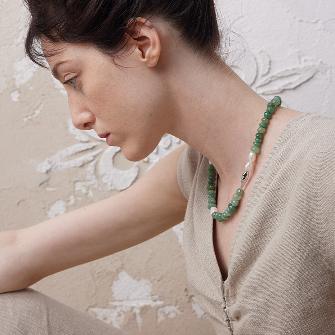 Moonlit Jade & Moonstone Beaded Pearl Necklace