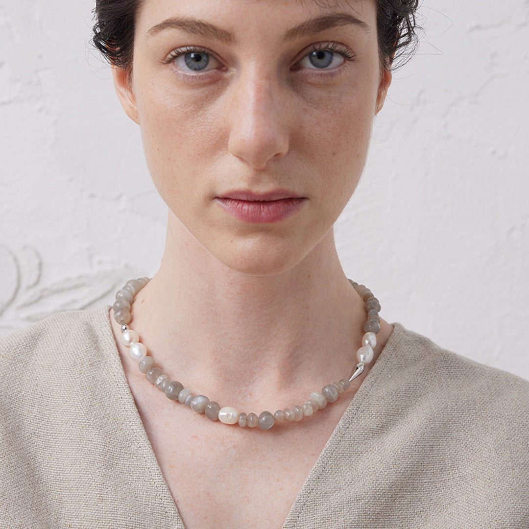 Moonlit Jade & Moonstone Beaded Pearl Necklace