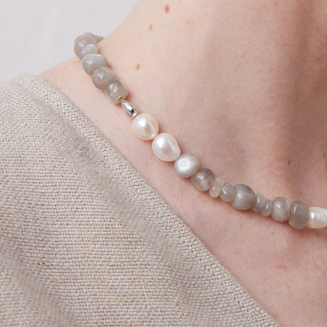 Moonlit Jade & Moonstone Beaded Pearl Necklace