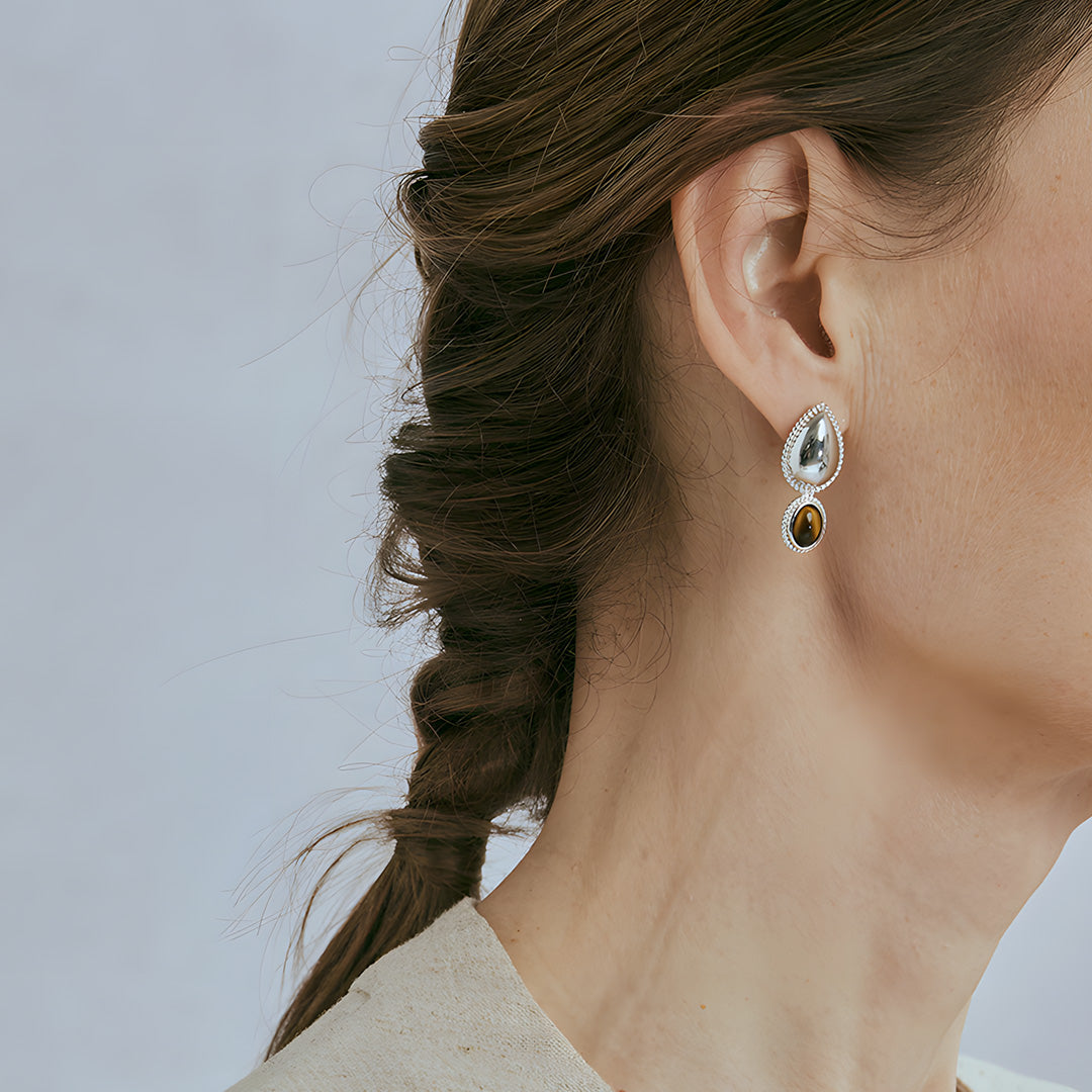 Tiger’s Eye Modern 18K White Gold Plated Earrings