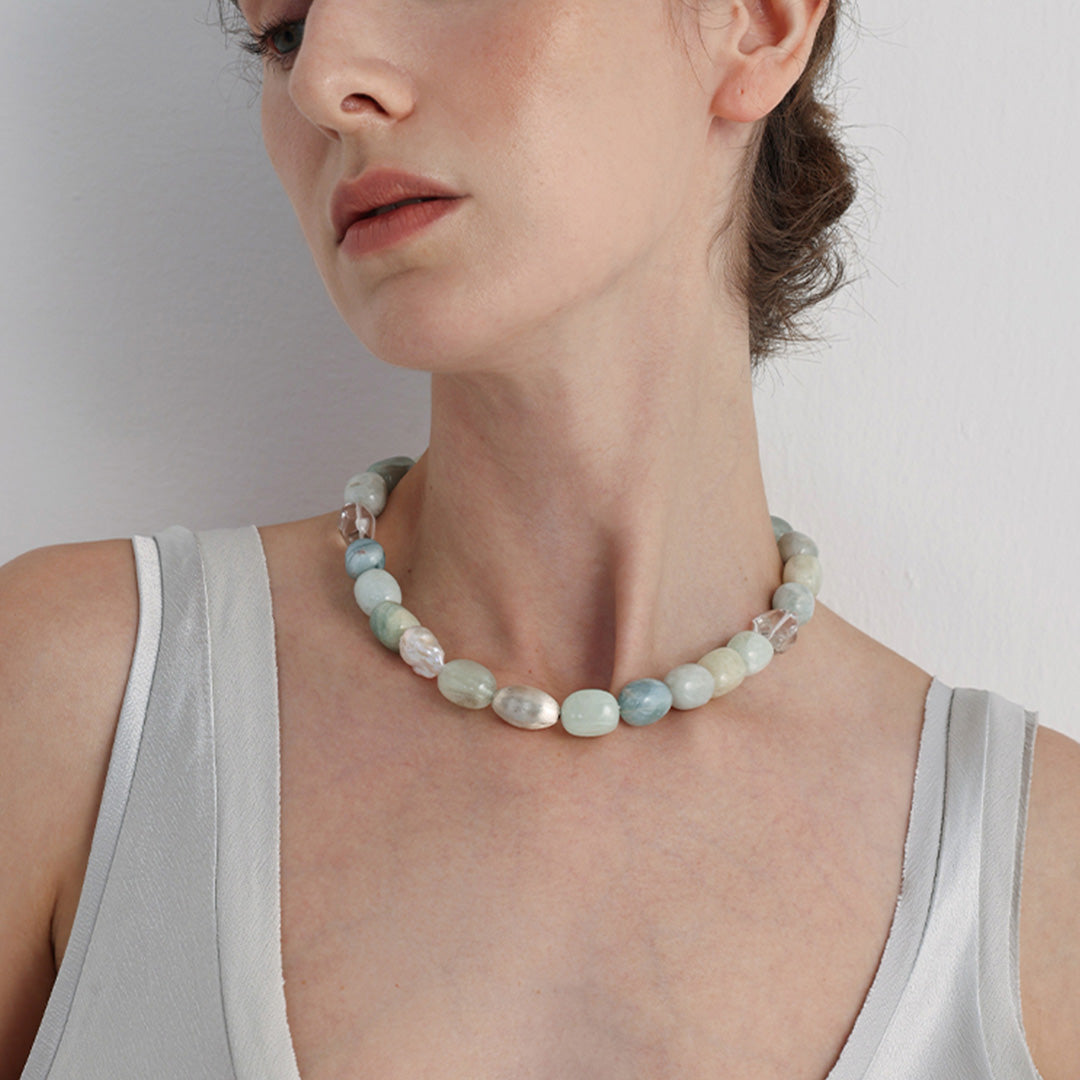 Ethereal Blue Aquamarine Baroque Pearl Choker