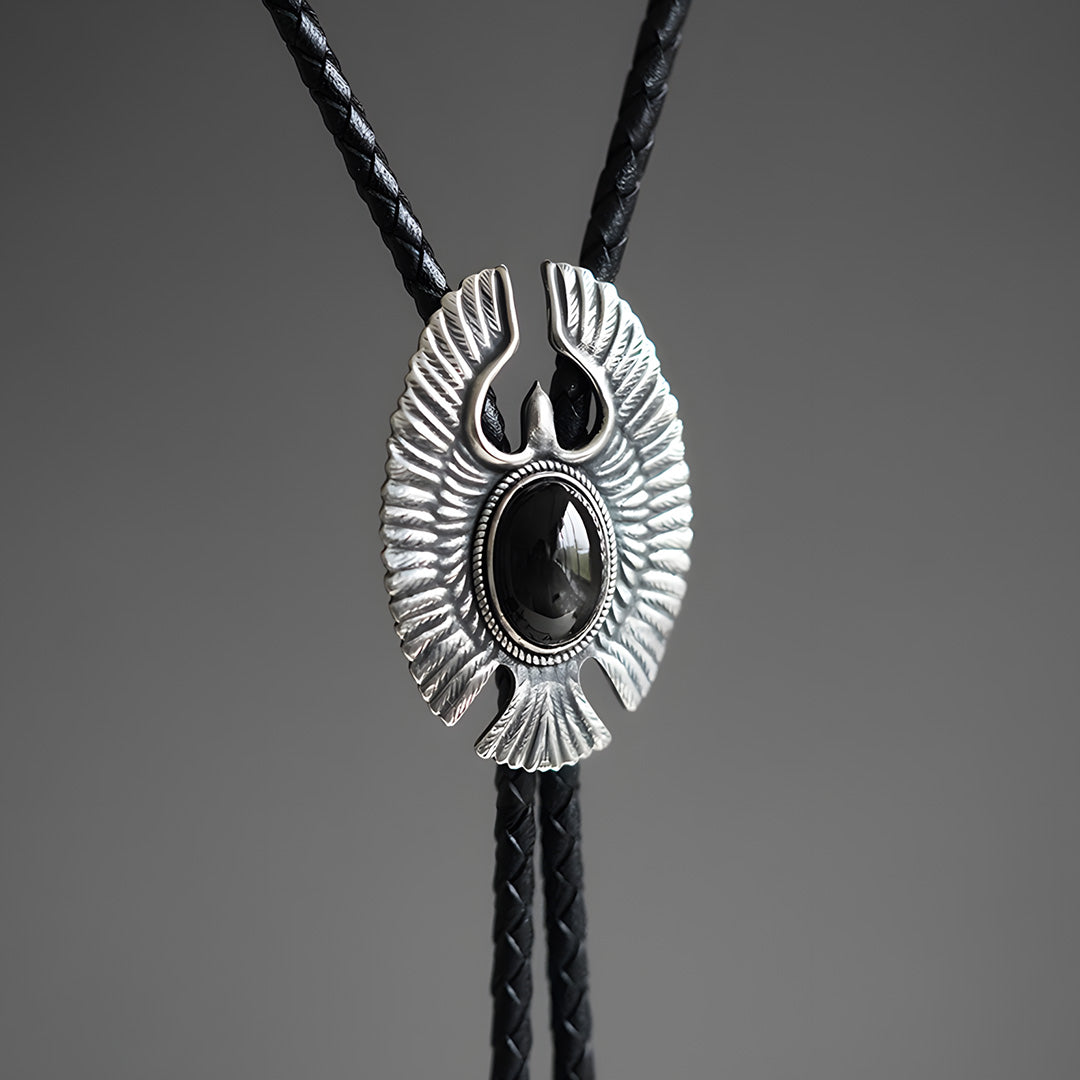 Eagle Soars- Black Diopside  Silver Bolo Tie