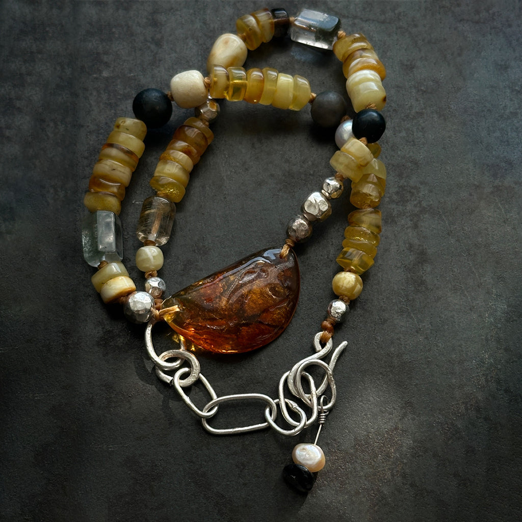 Golden Dawn Amber Agate Multiple Blessing Silver Necklace