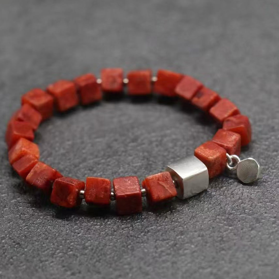 Ocean's Magnet Vital Coral Stone Silver Block  Bracelet