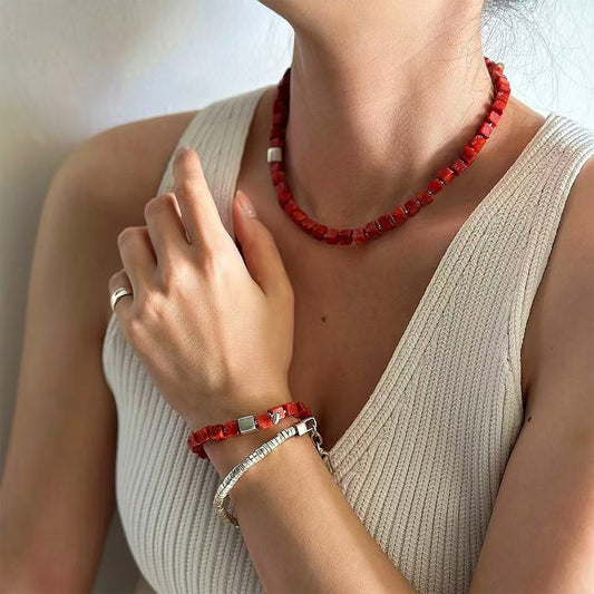 Ocean's Magnet Vital Coral Stone Silver Block  Bracelet